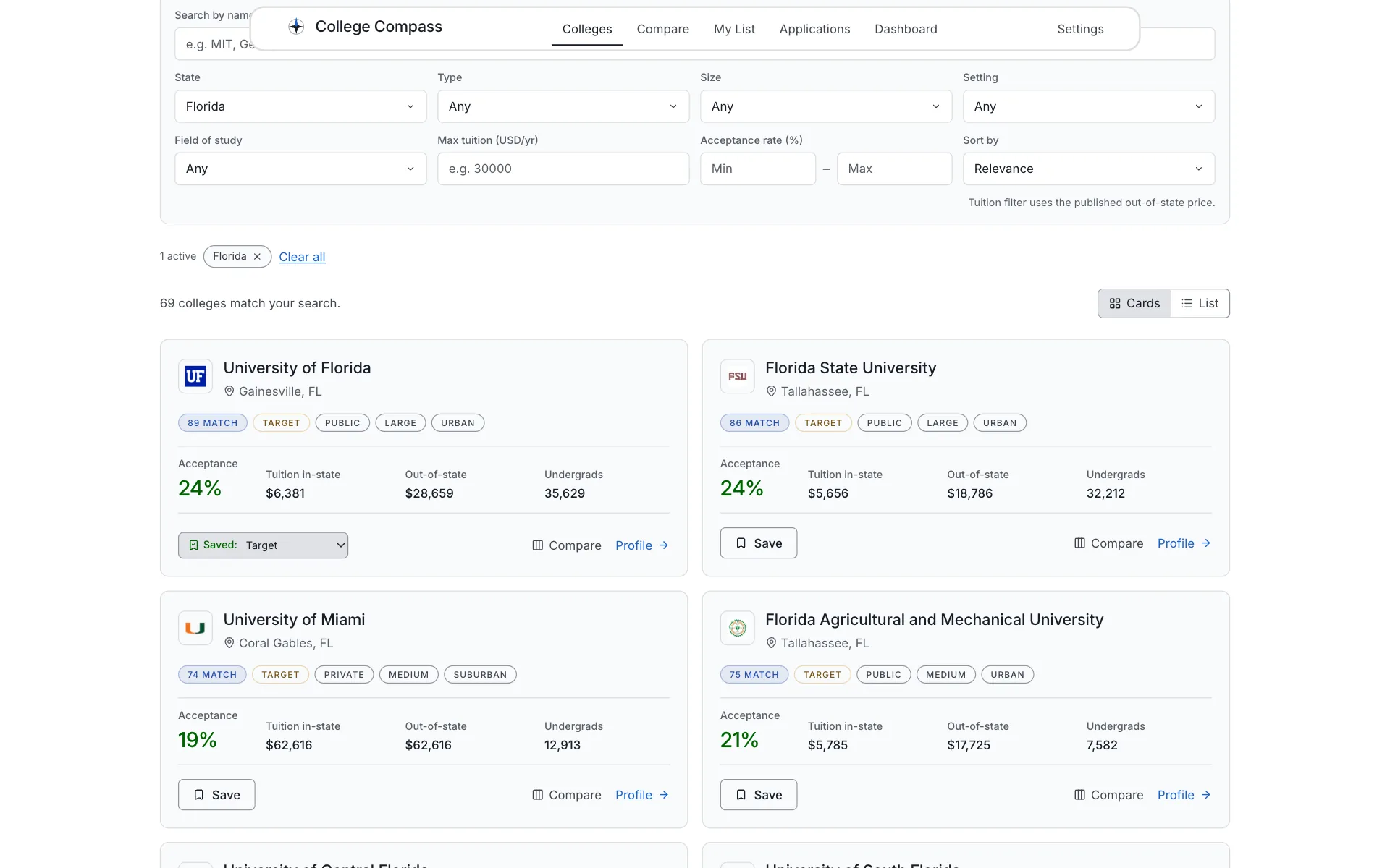 The College Compass directory filtered to Florida, with college cards showing personal match scores, admission categories, acceptance rates, and tuition