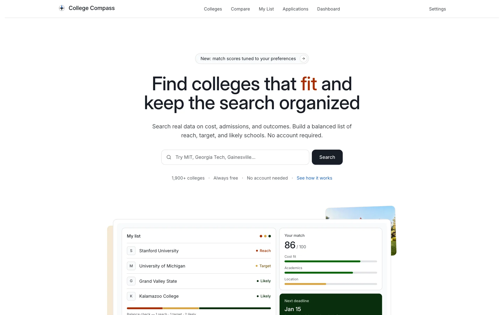 The College Compass landing page: headline 'Find colleges that fit and keep the search organized', a search box with a Search button, the notes 1,900+ colleges, always free and no account needed, and a product preview showing a saved list and a match score panel