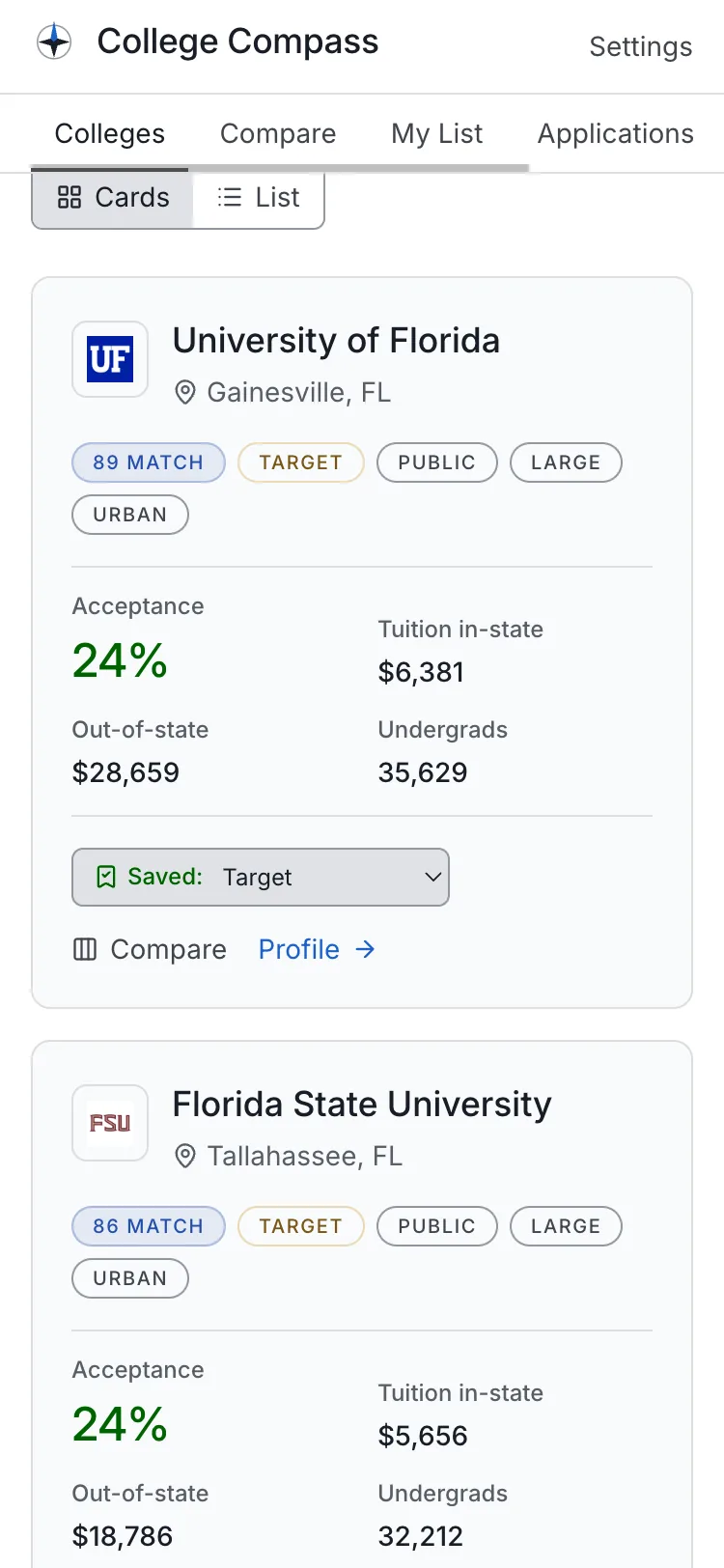 The college directory on a phone-sized screen: a University of Florida card with match score, target badge, acceptance rate, tuition and a Saved category dropdown, sized for touch, under the app's navigation tabs