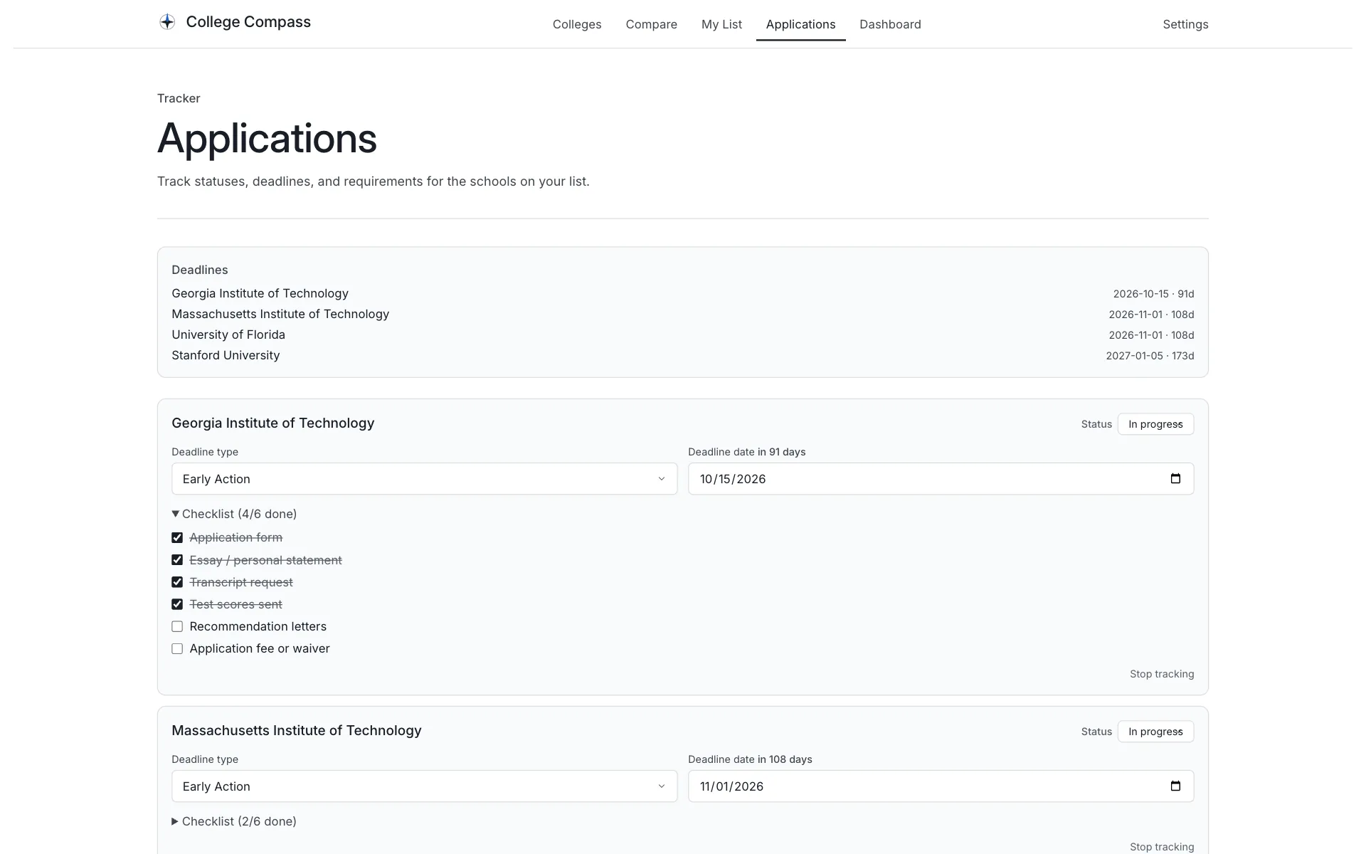 The application tracker: a deadlines board listing Georgia Tech, MIT, University of Florida and Stanford with dates and day counts, then Georgia Tech's card with an in-progress status, an Early Action deadline of October 15 2026, and a checklist showing four of six requirements done