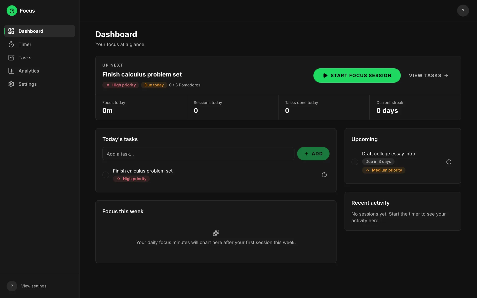 The Focus dashboard: an 'Up next' card suggesting the highest-priority task with a Start focus session button, stat cells for focus time, sessions, tasks done and current streak, today's task list, and an upcoming-tasks panel