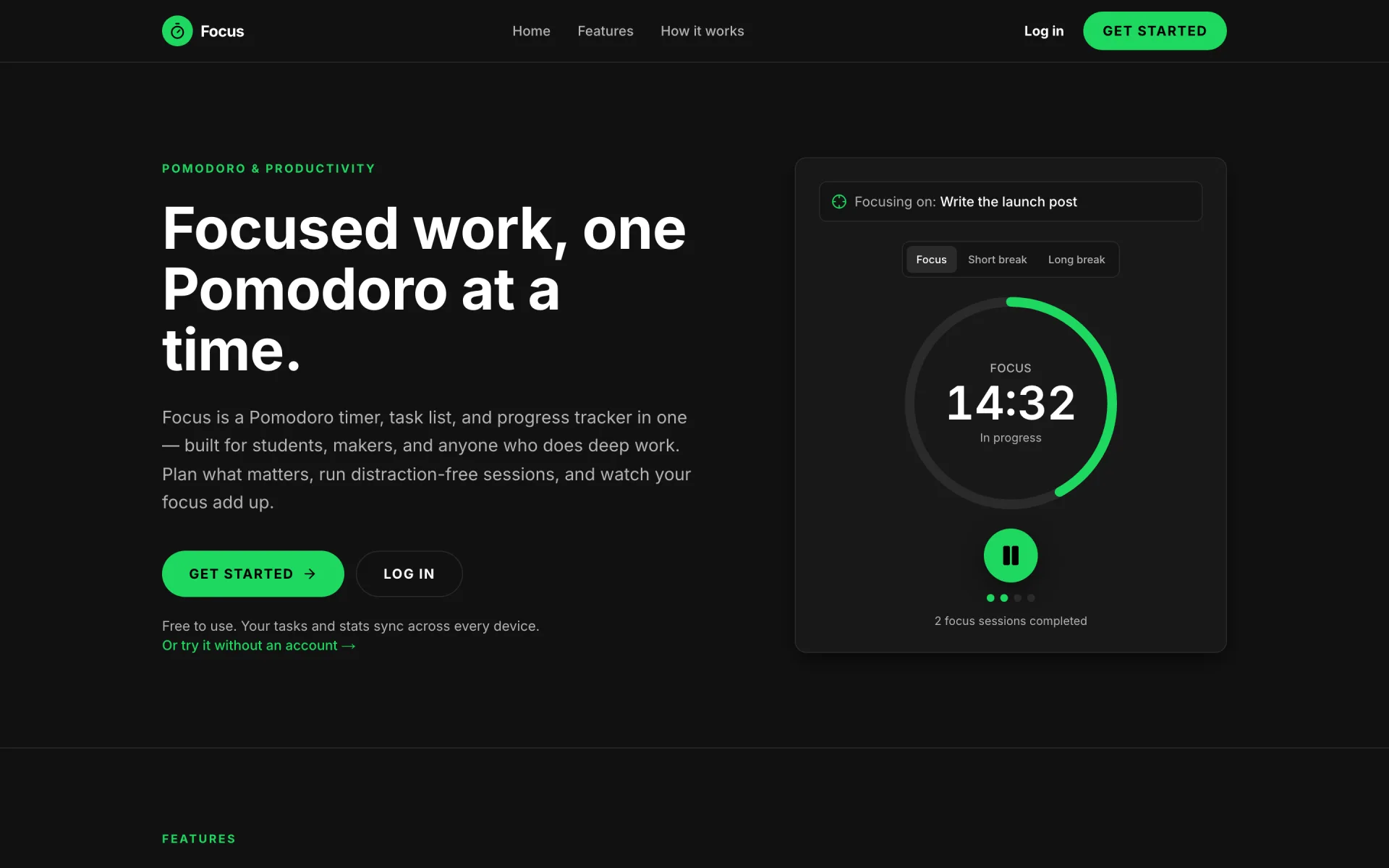 The Focus landing page: headline 'Focused work, one Pomodoro at a time', a description of the timer, task list and progress tracker, Get started and Log in buttons, and a live product preview showing a running session