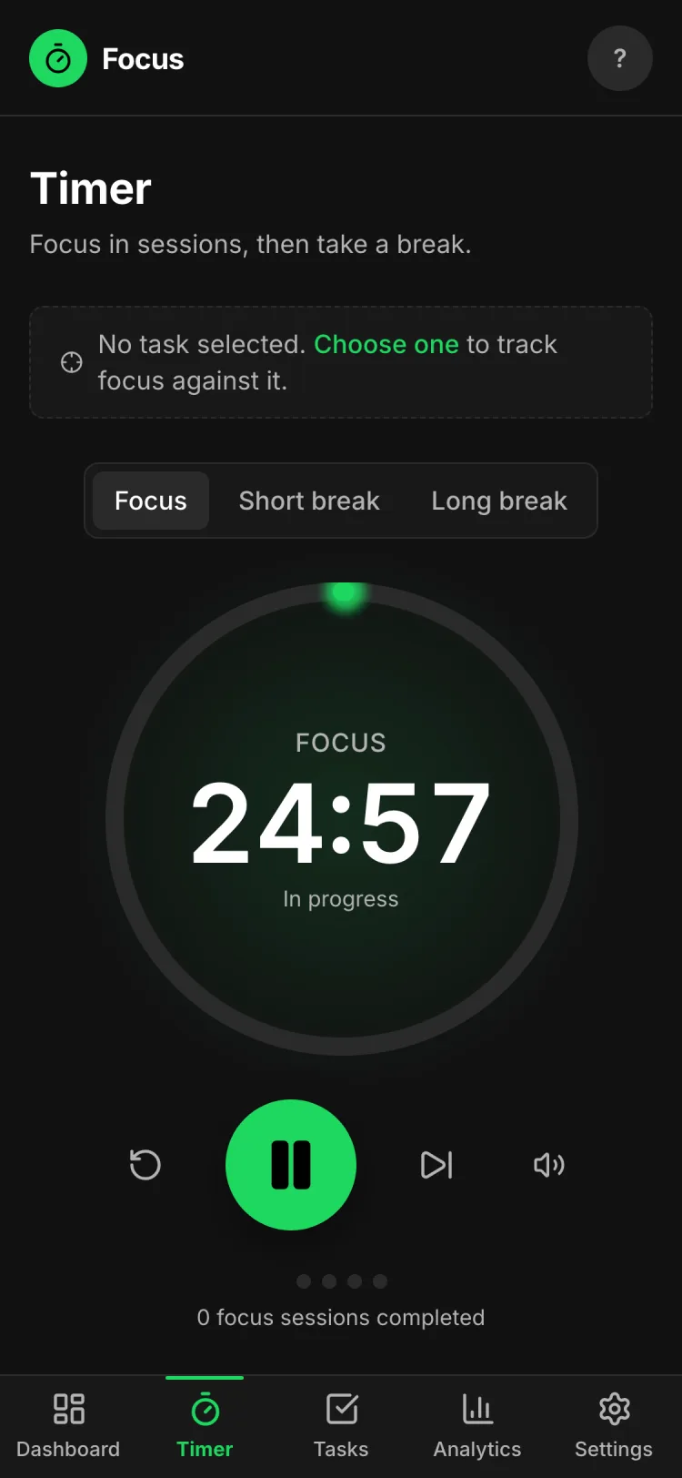 The timer on a phone-sized screen: the session ring and controls sized for touch, with a bottom navigation bar for Dashboard, Timer, Tasks, Analytics and Settings