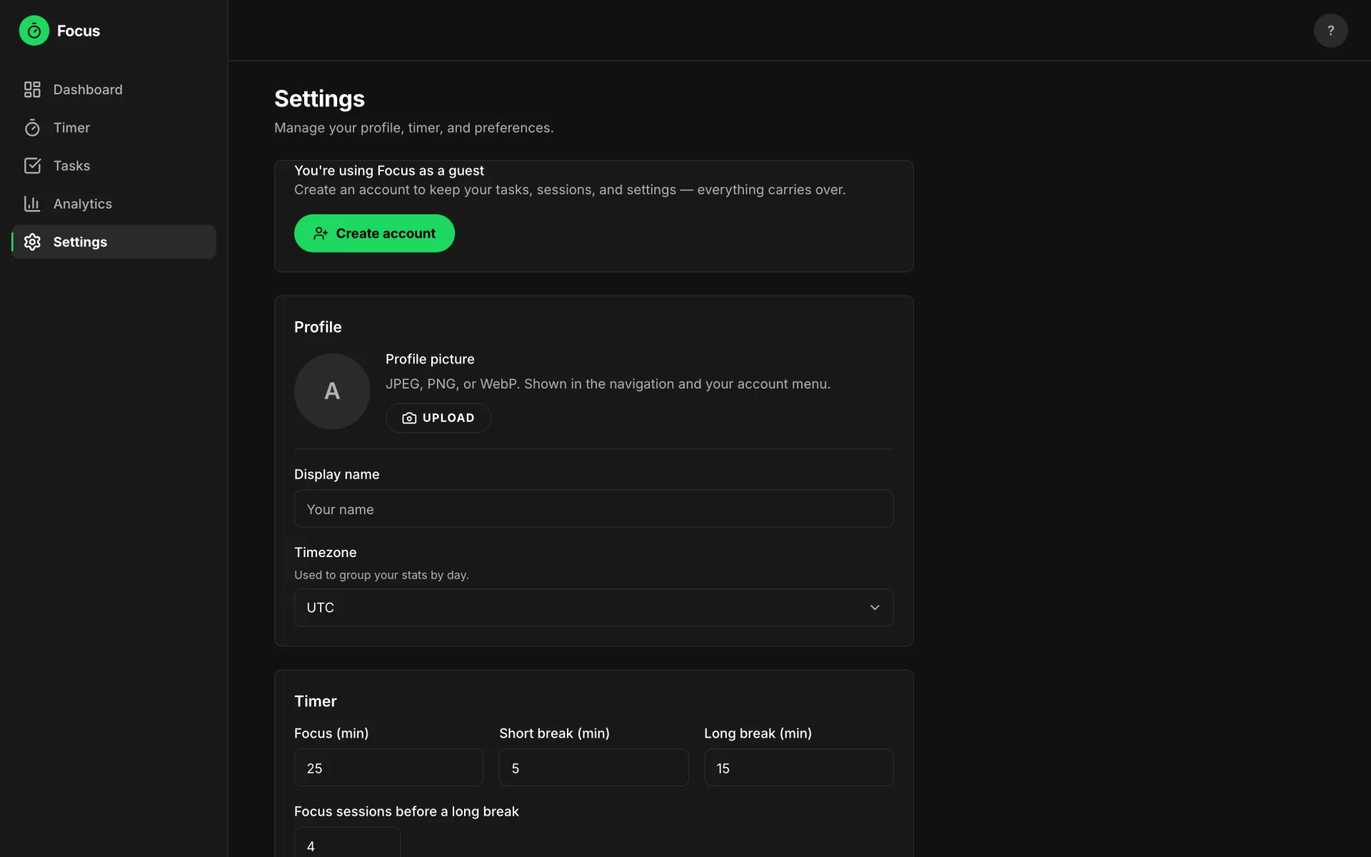 The settings page: a guest banner offering to create an account and keep existing data, profile picture upload, display name, timezone selection, and timer duration fields for focus, short break and long break