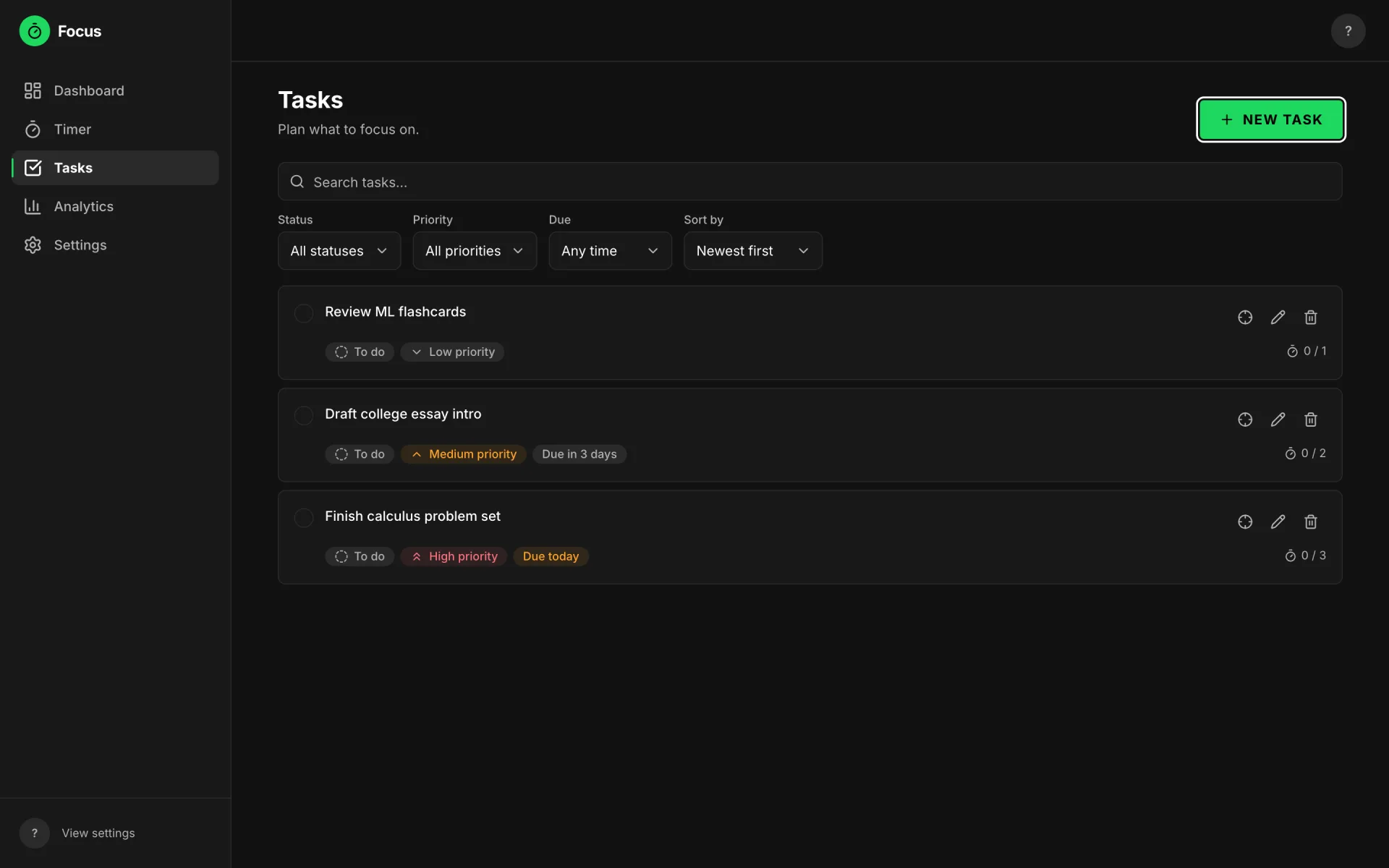 The tasks page: search, filters for status, priority, due date and sort order, and three tasks showing priority badges, due chips, and Pomodoro estimates
