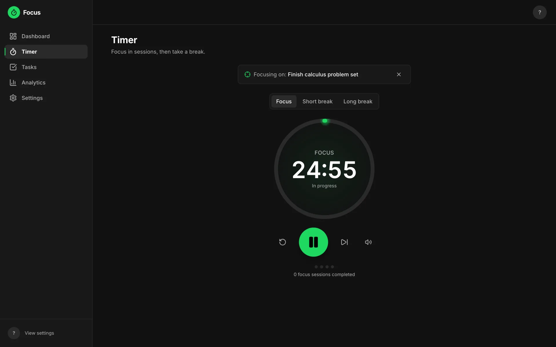 The Focus timer page running a 25-minute focus session against the task 'Finish calculus problem set', with mode tabs for focus, short break, and long break
